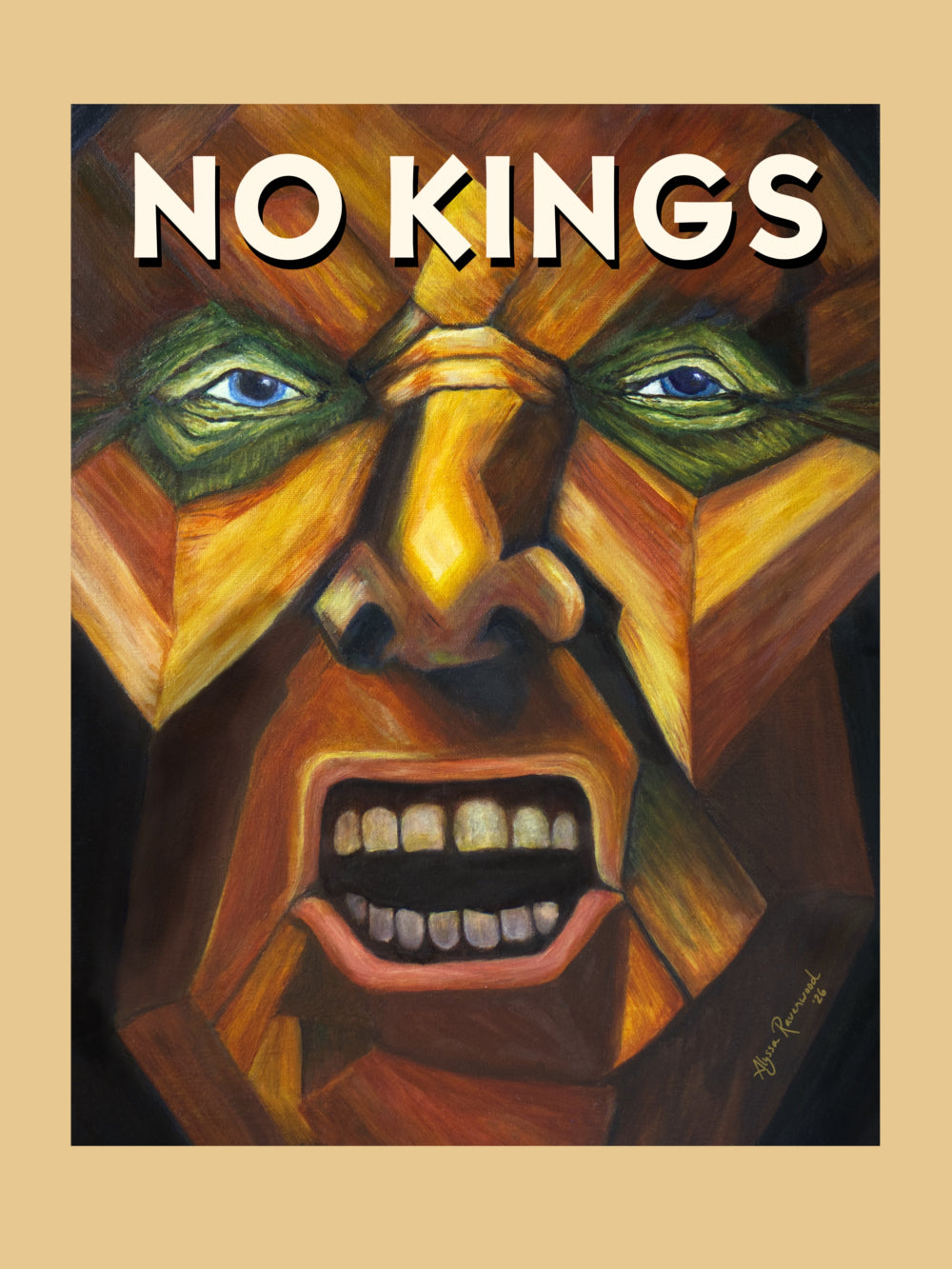 Artistic depiction of a face with 'No Kings' text on a beige background