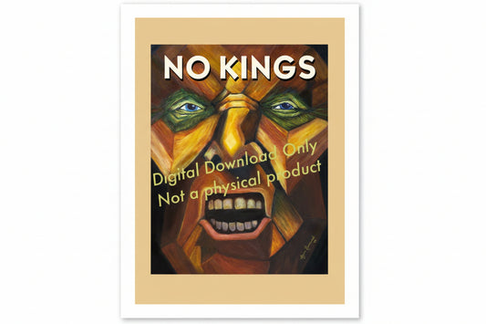 Artistic depiction of a face with green eyes and a beard, featuring text about a digital download.